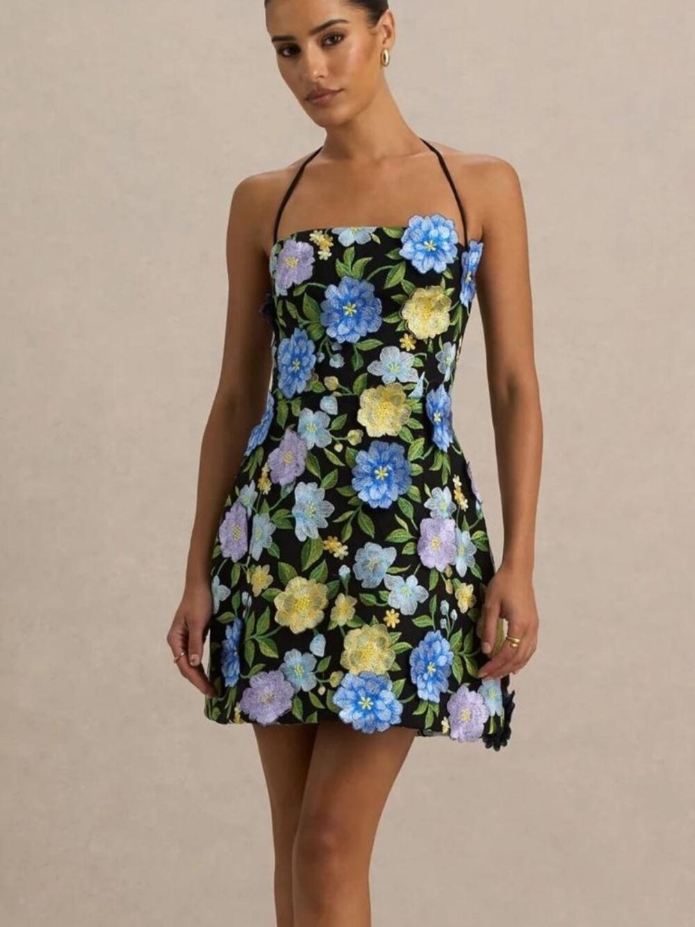 Club L London Aisha Black Floral Embellished Square-Neck Mini Dress